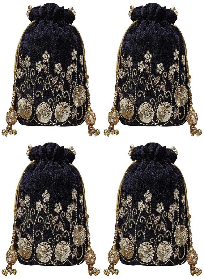 DUCHESS Women Black Embroidered Potli Bag Purse (Pack of 4)